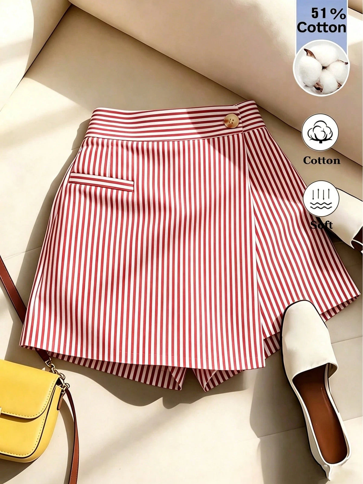 Franclia Women's Blue And White Stripe Asymmetric Hem Skort,Chic Summer Brunch Outfits,High-Waisted Cotton-Blend A-Line Shorts Skirt