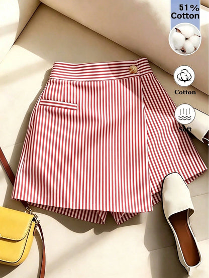 Franclia Women's Blue And White Stripe Asymmetric Hem Skort,Chic Summer Brunch Outfits,High-Waisted Cotton-Blend A-Line Shorts Skirt