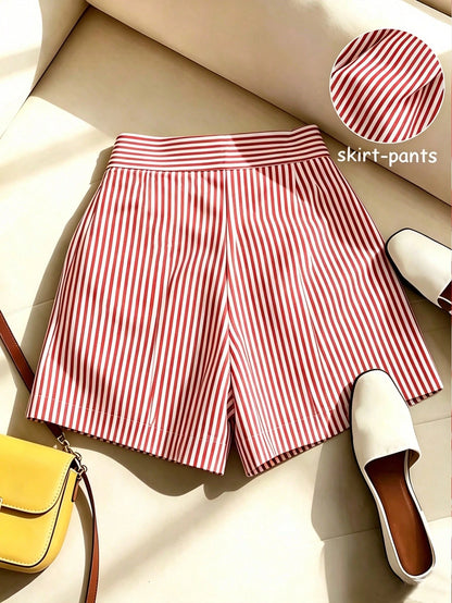 Franclia Women's Blue And White Stripe Asymmetric Hem Skort,Chic Summer Brunch Outfits,High-Waisted Cotton-Blend A-Line Shorts Skirt