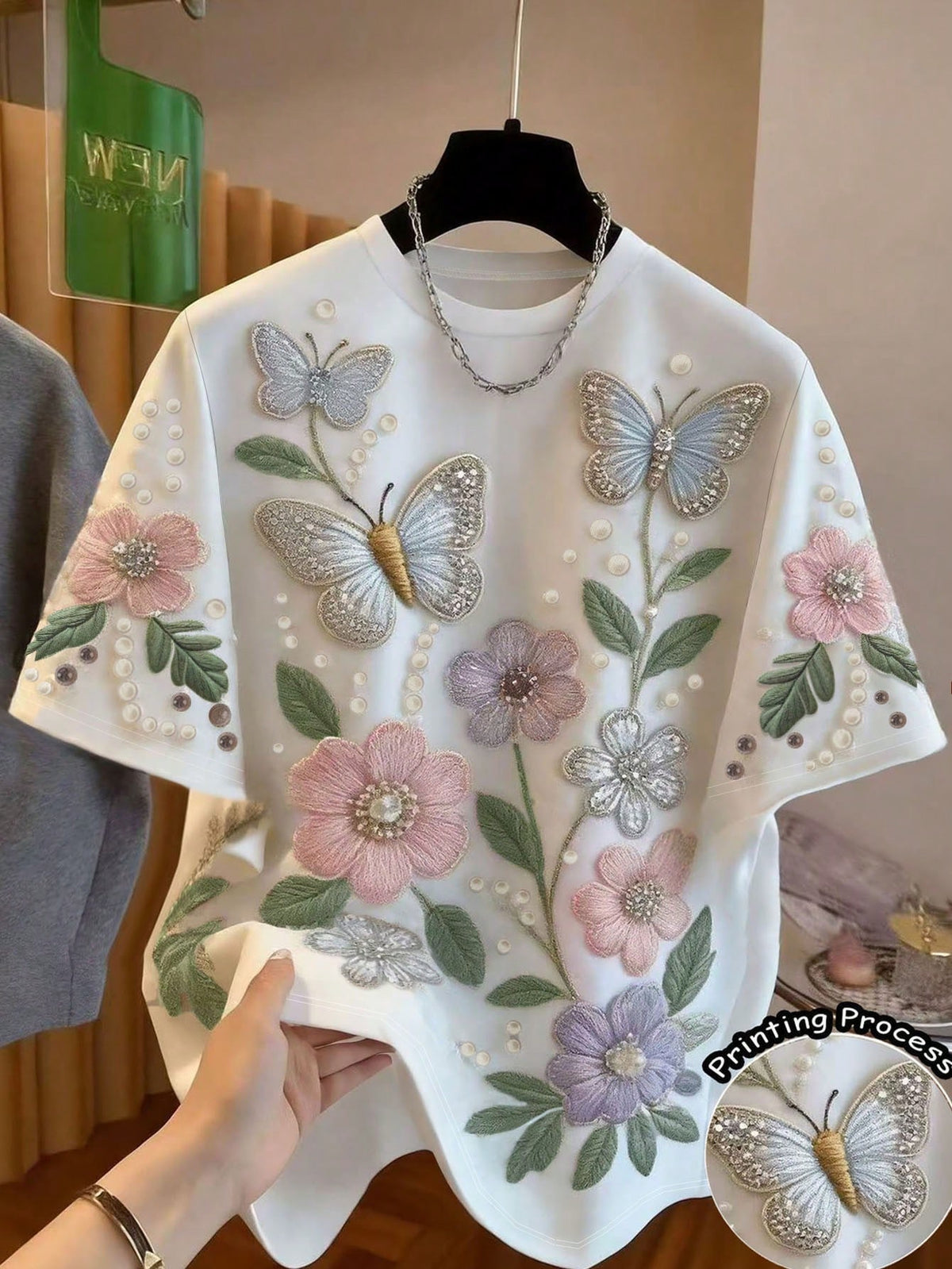 Franclia Women's Butterfly & Floral Print Short Sleeve T-Shirt, Summer