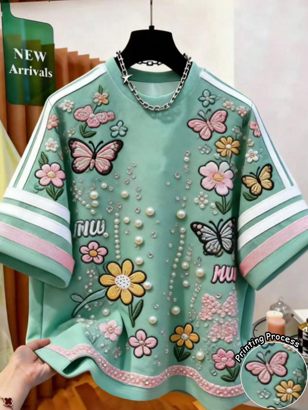 Franclia Women's Butterfly & Floral Print Short Sleeve T-Shirt, Summer