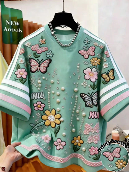 Franclia Women's Butterfly & Floral Print Short Sleeve T-Shirt, Summer