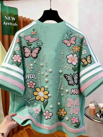 Franclia Women's Butterfly & Floral Print Short Sleeve T-Shirt, Summer