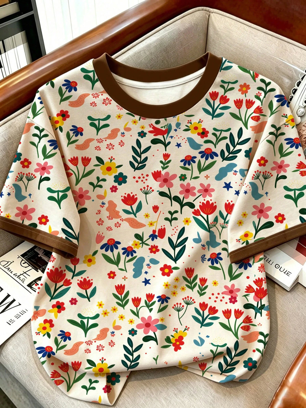 Franclia Women's Casual Versatile Colorful Shell Embroidered Floral Print Round Neck Short Sleeve T-Shirt