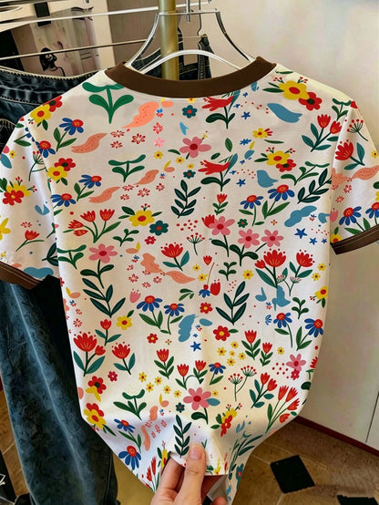 Franclia Women's Casual Versatile Colorful Shell Embroidered Floral Print Round Neck Short Sleeve T-Shirt