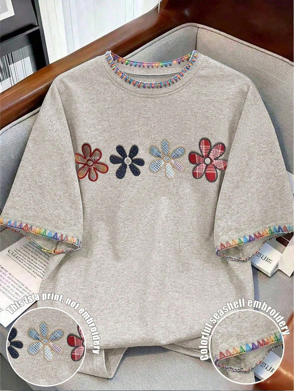 Franclia Women's Casual Versatile Colorful Shell Embroidered Floral Print Round Neck Short Sleeve T-Shirt