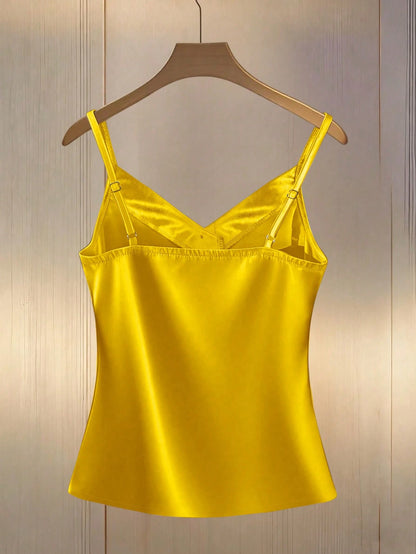 Franclia Women's Elegant Elegant Minimalist Solid Color Satin Faux Pearl Camisole, Summer