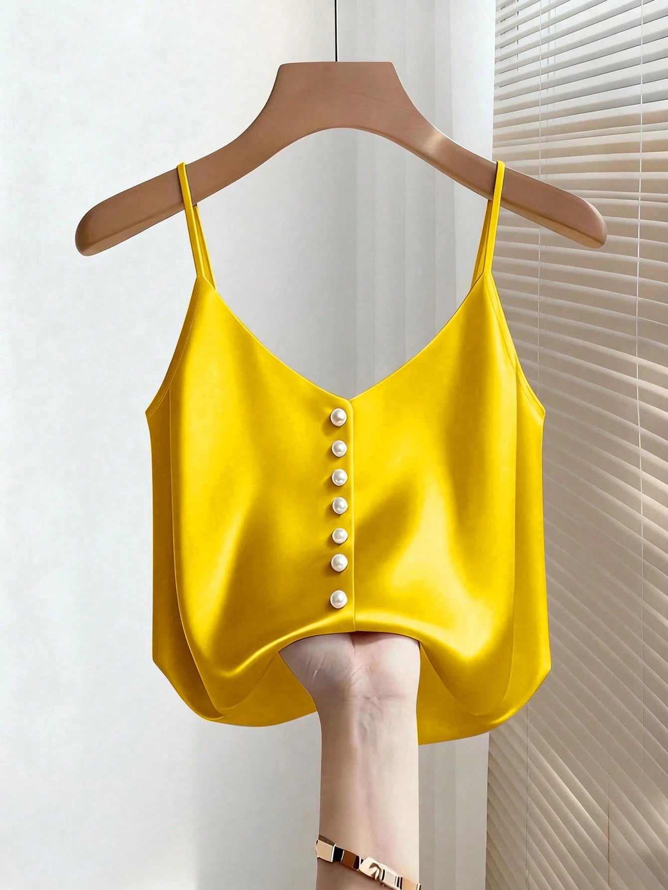Franclia Women's Elegant Elegant Minimalist Solid Color Satin Faux Pearl Camisole, Summer