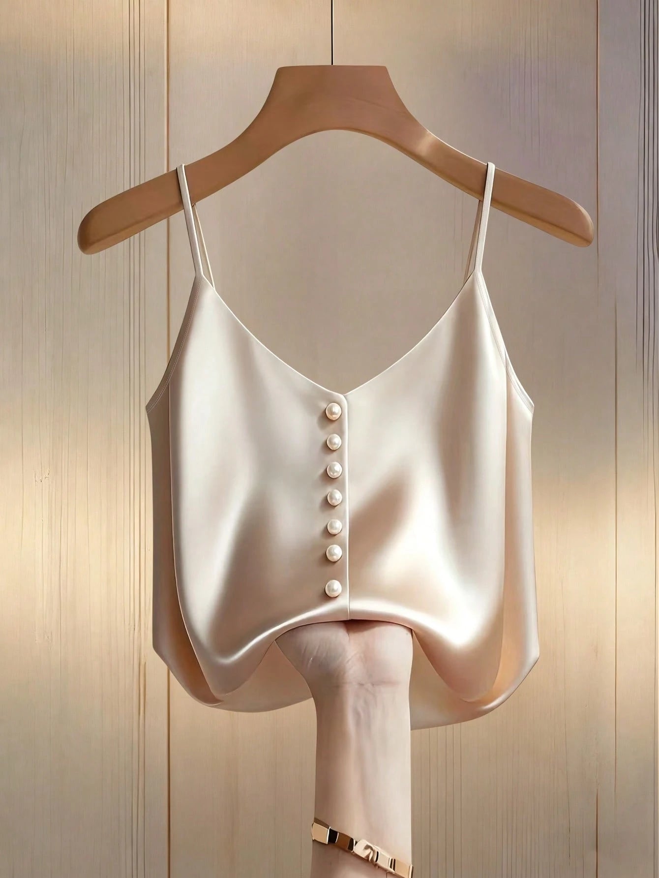 Franclia Women's Elegant Elegant Minimalist Solid Color Satin Faux Pearl Camisole, Summer