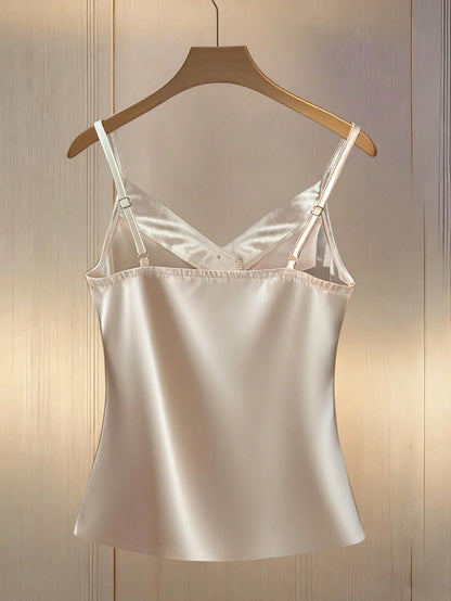 Franclia Women's Elegant Elegant Minimalist Solid Color Satin Faux Pearl Camisole, Summer