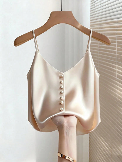 Franclia Women's Elegant Elegant Minimalist Solid Color Satin Faux Pearl Camisole, Summer