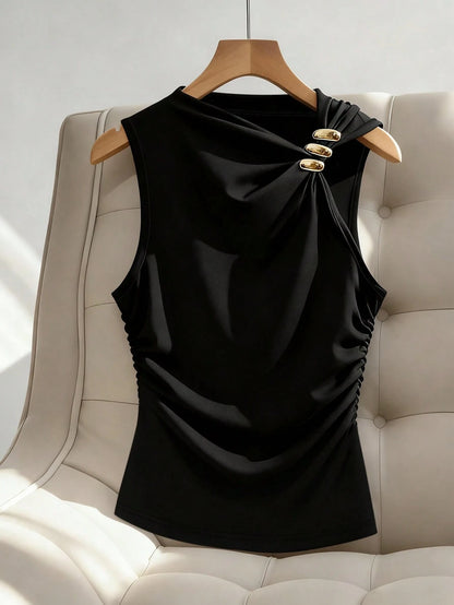 Franclia Women's Elegant Minimalist Metal Decor V-Neck Sleeveless Top, Suitable For Commuting