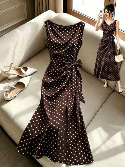 Franclia Women's Elegant Polka Dot Sleeveless Waist-Cinched Dress, French Vintage Slit Tie-Up Slimming Dress