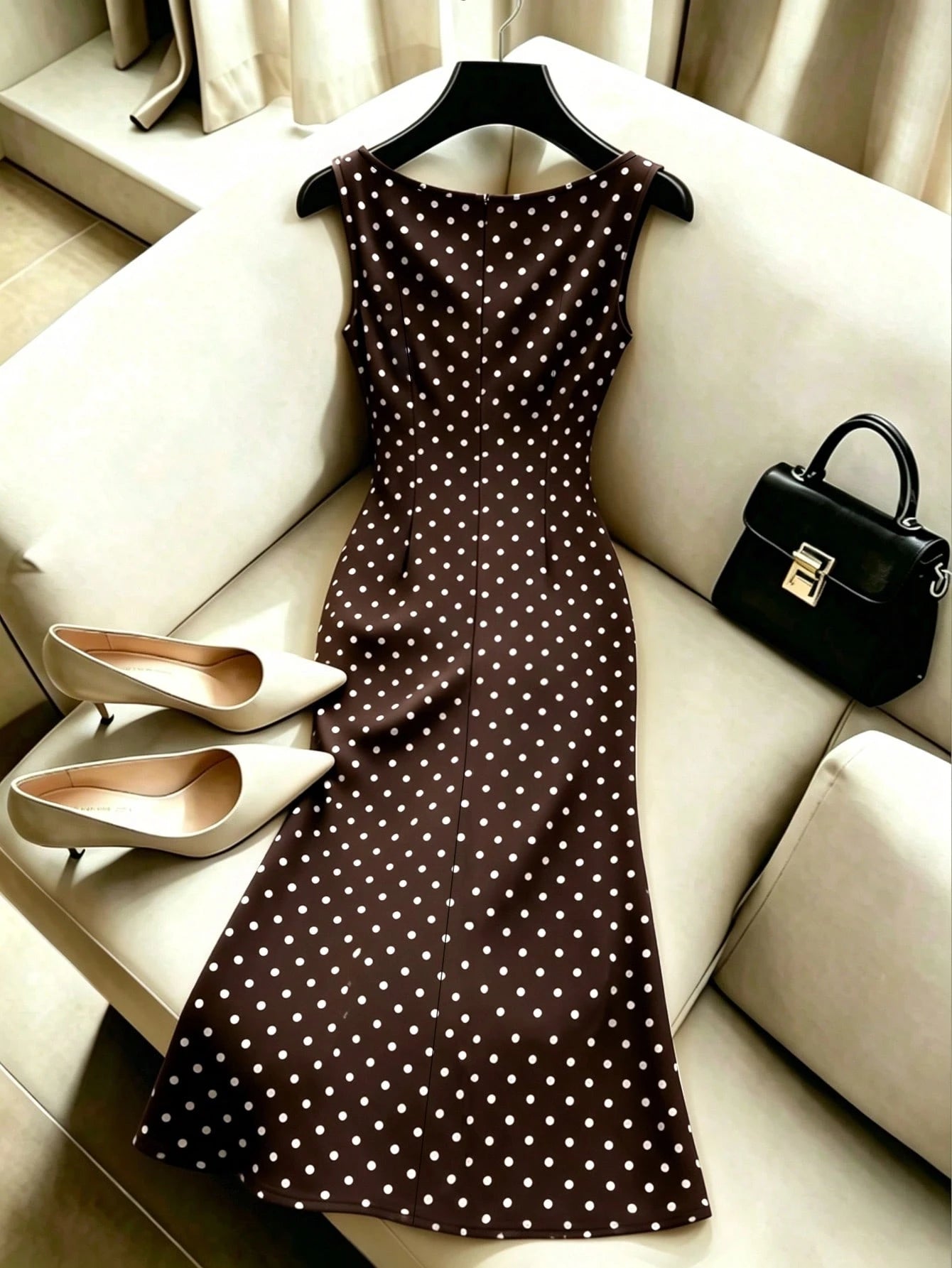 Franclia Women's Elegant Polka Dot Sleeveless Waist-Cinched Dress, French Vintage Slit Tie-Up Slimming Dress