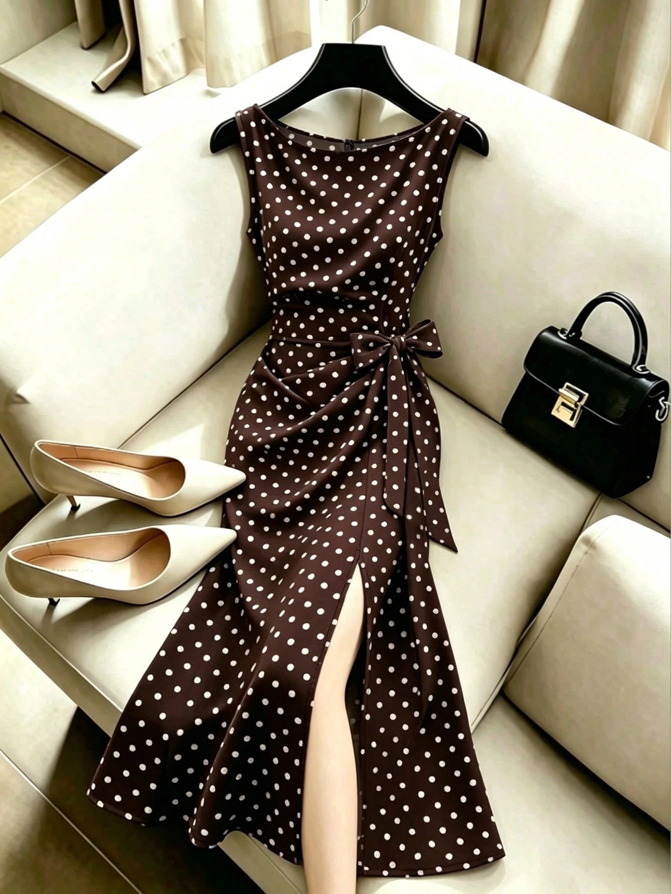 Franclia Women's Elegant Polka Dot Sleeveless Waist-Cinched Dress, French Vintage Slit Tie-Up Slimming Dress
