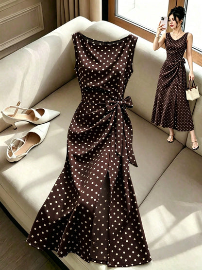 Franclia Women's Elegant Polka Dot Sleeveless Waist-Cinched Dress, French Vintage Slit Tie-Up Slimming Dress