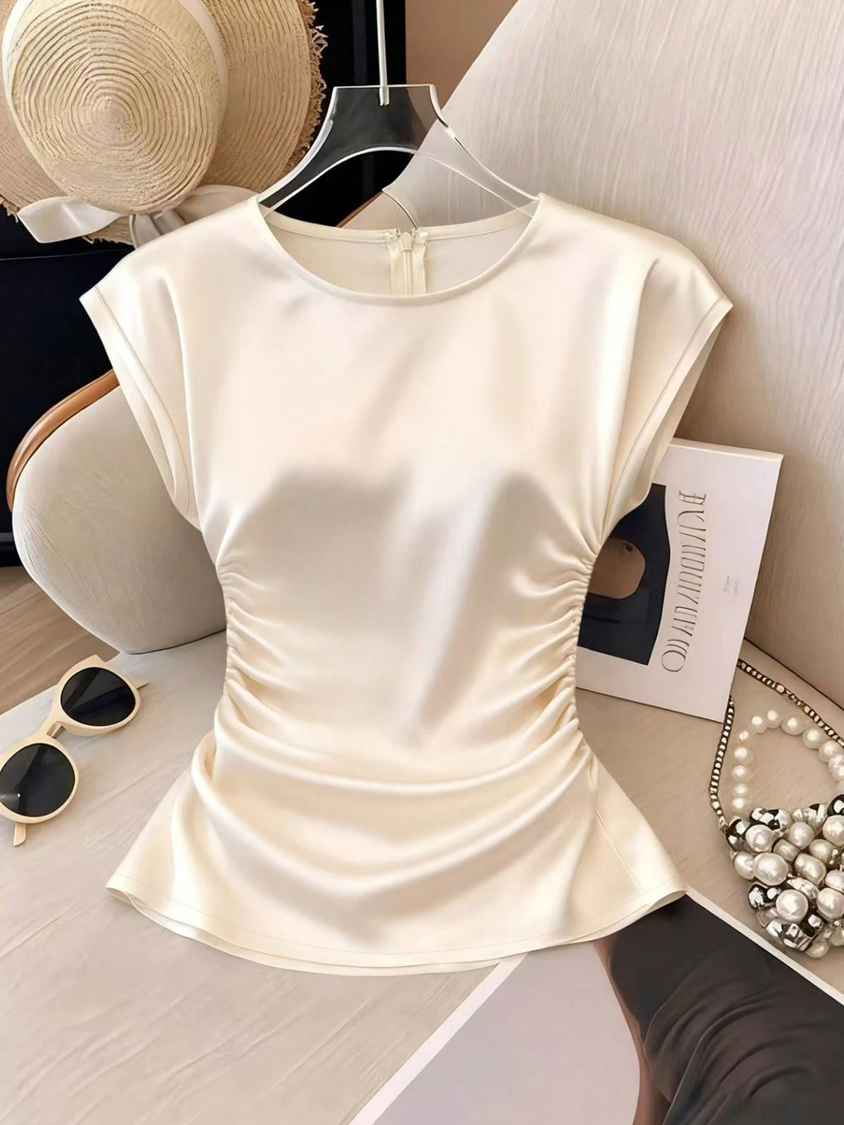 Franclia Women's Elegant Round Neck,Fitted Pleated Waist Top,High-Quality Satin Fabric Short Sleeve Cream White Blouse For Office & Summer,Versatile Solid