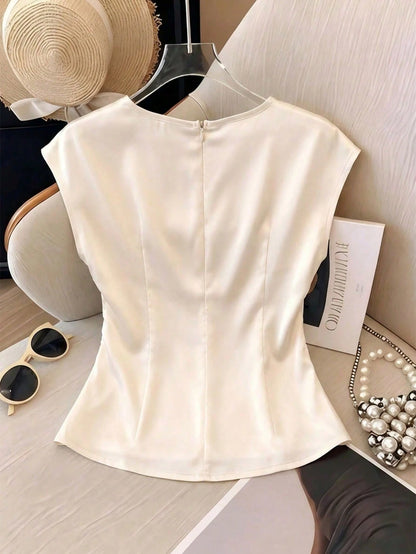 Franclia Women's Elegant Round Neck,Fitted Pleated Waist Top,High-Quality Satin Fabric Short Sleeve Cream White Blouse For Office & Summer,Versatile Solid