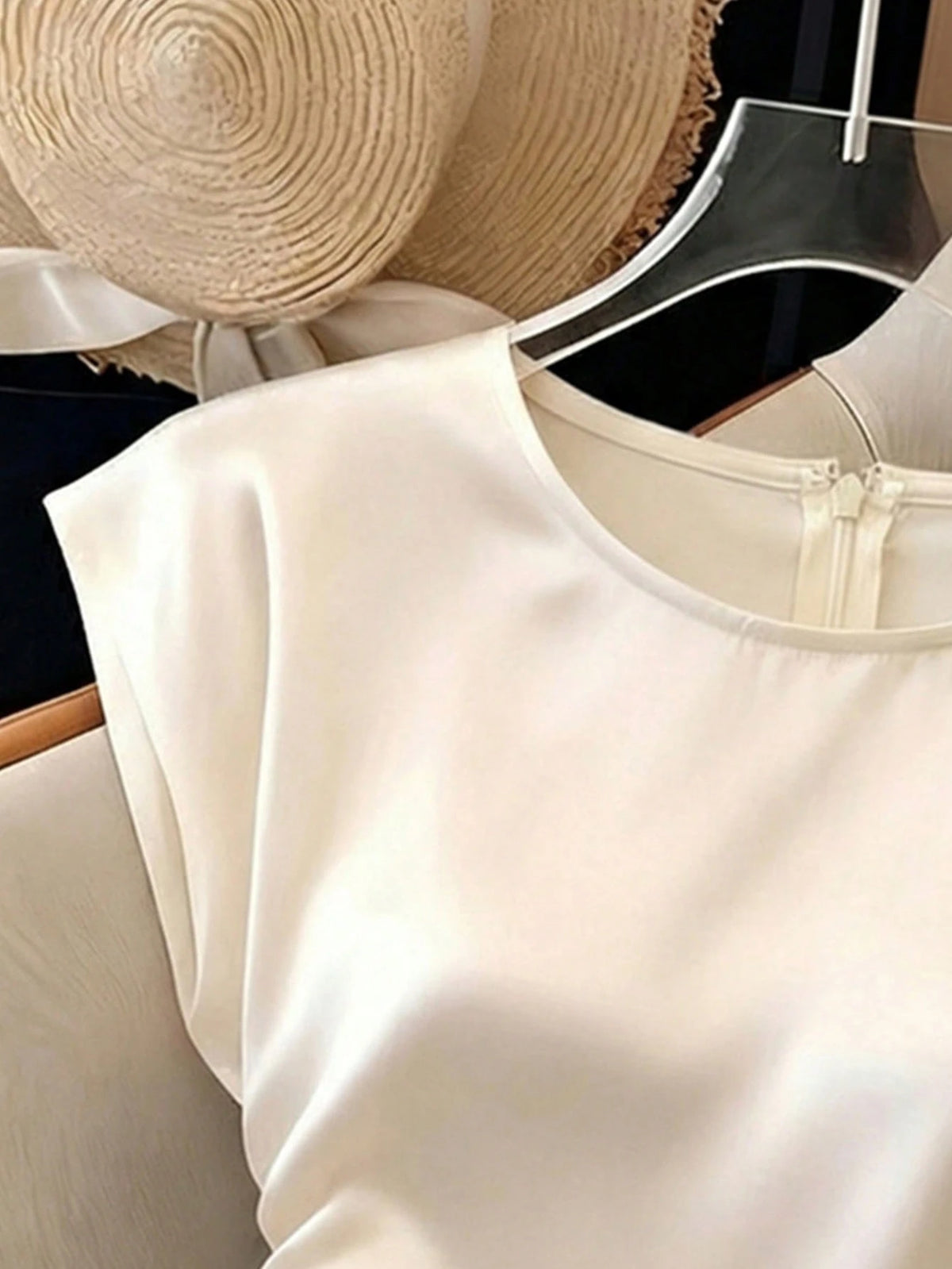 Franclia Women's Elegant Round Neck,Fitted Pleated Waist Top,High-Quality Satin Fabric Short Sleeve Cream White Blouse For Office & Summer,Versatile Solid