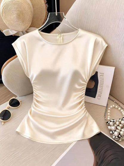 Franclia Women's Elegant Round Neck,Fitted Pleated Waist Top,High-Quality Satin Fabric Short Sleeve Cream White Blouse For Office & Summer,Versatile Solid