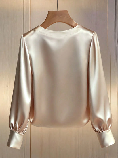 Franclia Women's Elegant Round Neck Pearl Embellished Long Sleeve T-Shirt, Suitable For Commuting
