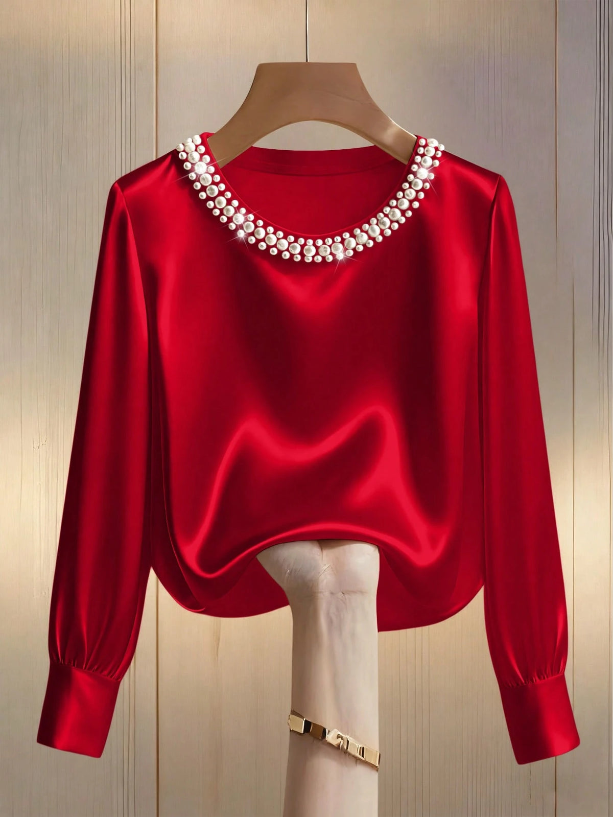 Franclia Women's Elegant Round Neck Pearl Embellished Long Sleeve T-Shirt, Suitable For Commuting