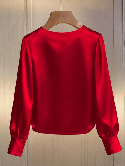 Franclia Women's Elegant Round Neck Pearl Embellished Long Sleeve T-Shirt, Suitable For Commuting