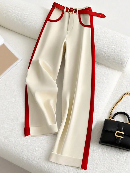 Franclia Women's Loose Elegant Wide Leg Pants, Black & Beige Color Block, Autumn