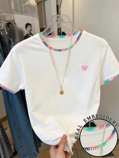 Franclia Women's Round Neck Color Block Casual Versatile Daily Wear Short Sleeve T-Shirt