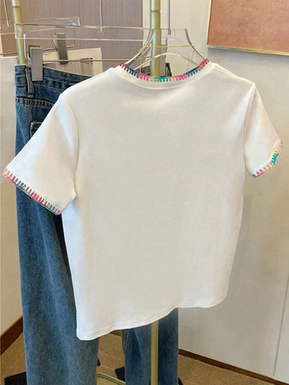 Franclia Women's Round Neck Color Block Casual Versatile Daily Wear Short Sleeve T-Shirt