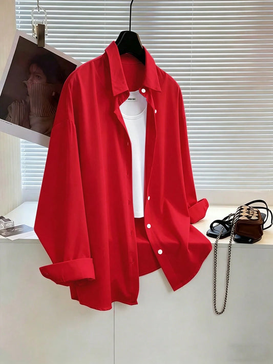Franclia Women's Solid Color Drop Shoulder Casual Front Button Loose Long Sleeve Shirt