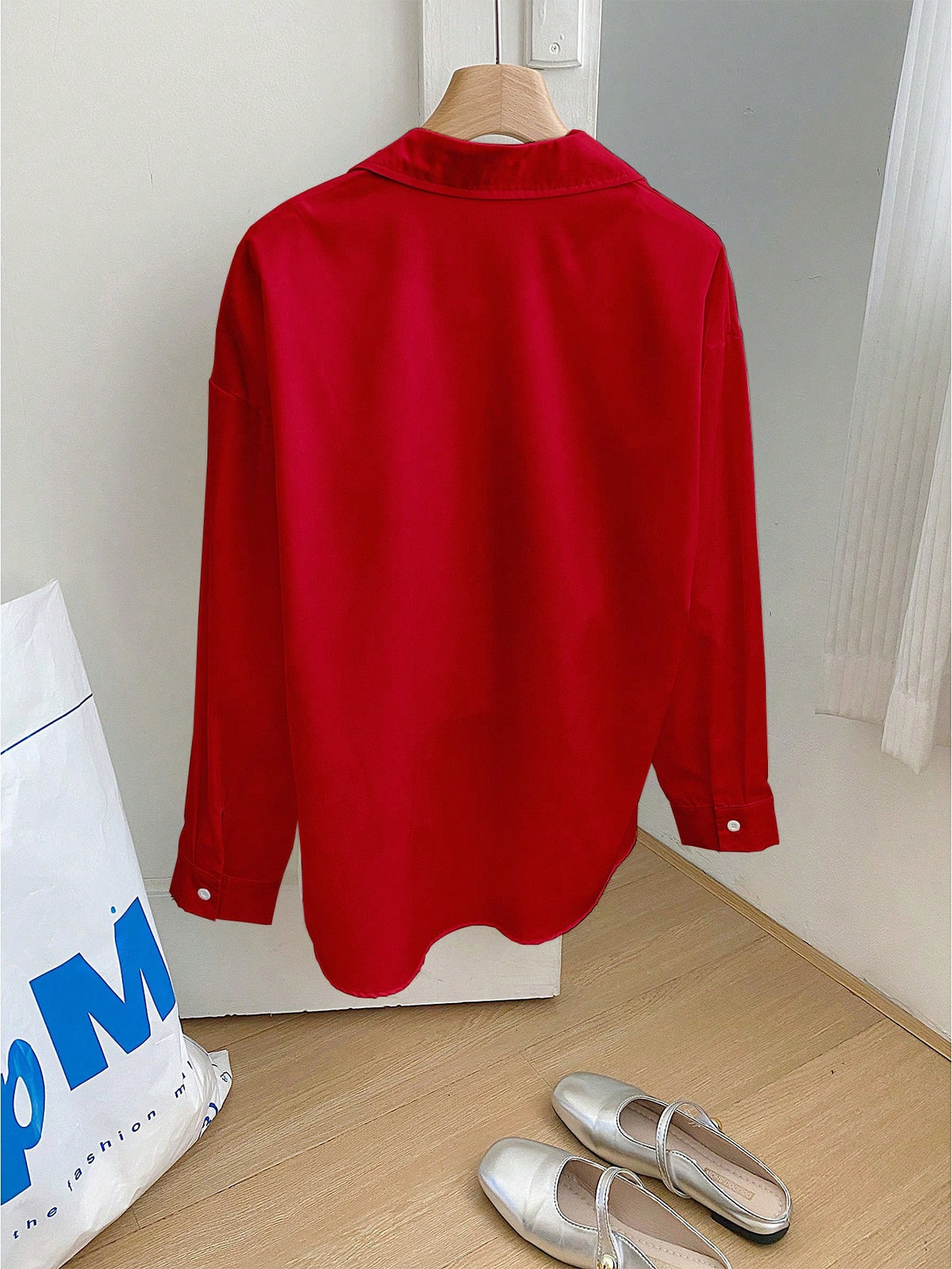 Franclia Women's Solid Color Drop Shoulder Casual Front Button Loose Long Sleeve Shirt