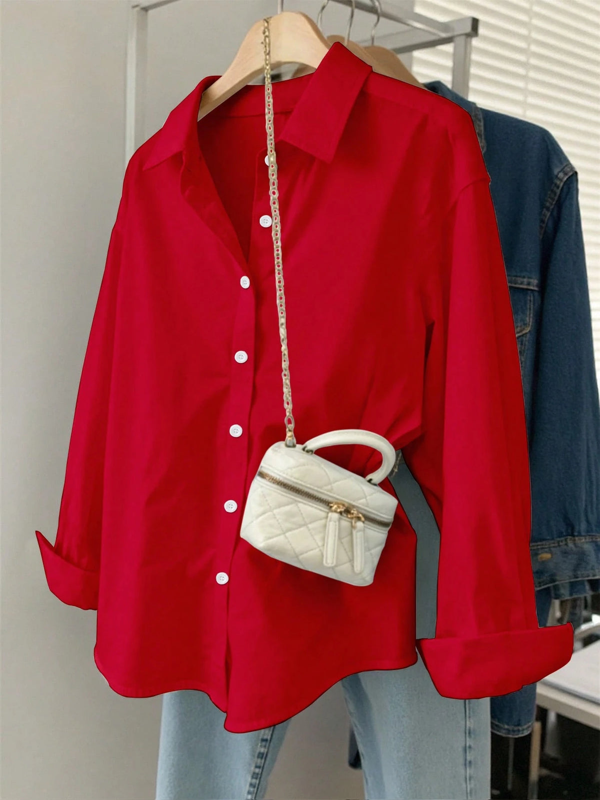 Franclia Women's Solid Color Drop Shoulder Casual Front Button Loose Long Sleeve Shirt