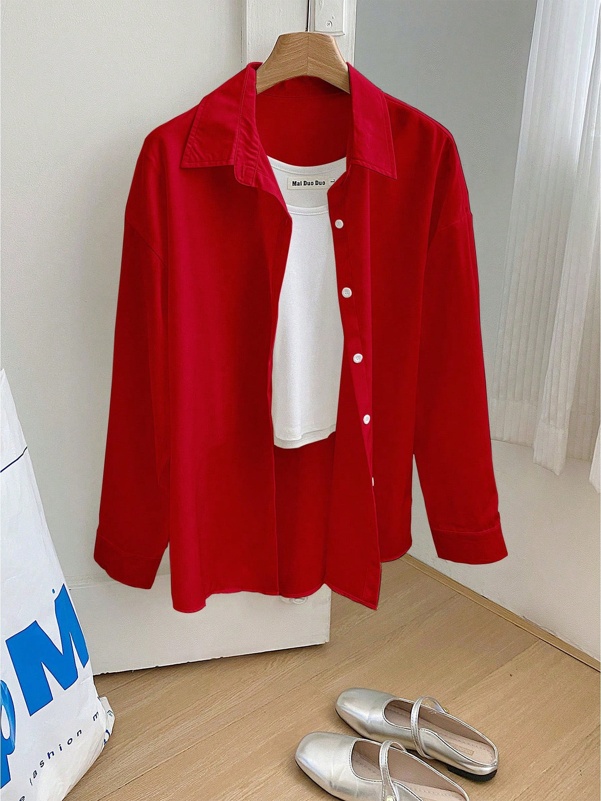 Franclia Women's Solid Color Drop Shoulder Casual Front Button Loose Long Sleeve Shirt