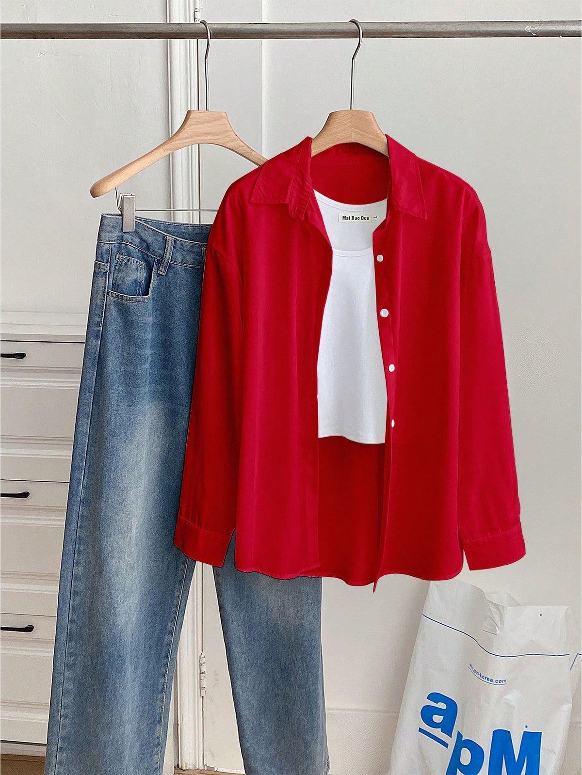 Franclia Women's Solid Color Drop Shoulder Casual Front Button Loose Long Sleeve Shirt