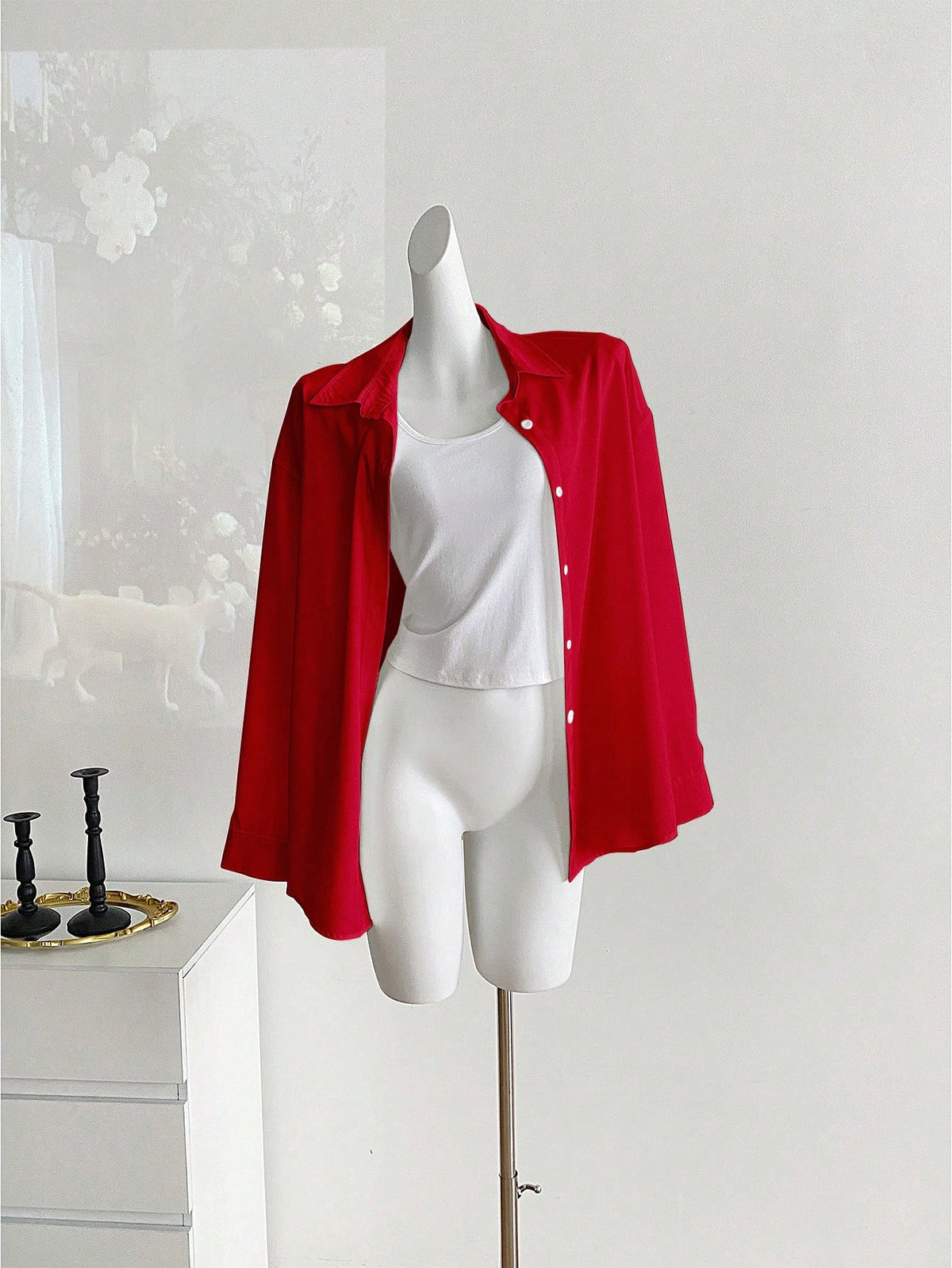 Franclia Women's Solid Color Drop Shoulder Casual Front Button Loose Long Sleeve Shirt