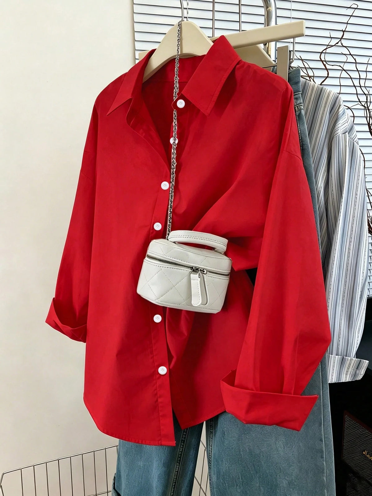 Franclia Women's Solid Color Drop Shoulder Casual Front Button Loose Long Sleeve Shirt