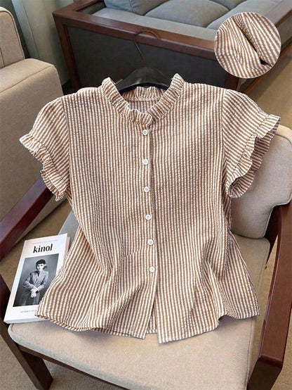 Franclia Women's Striped Frill Trim Short Sleeve Single-Breasted Casual Shirt