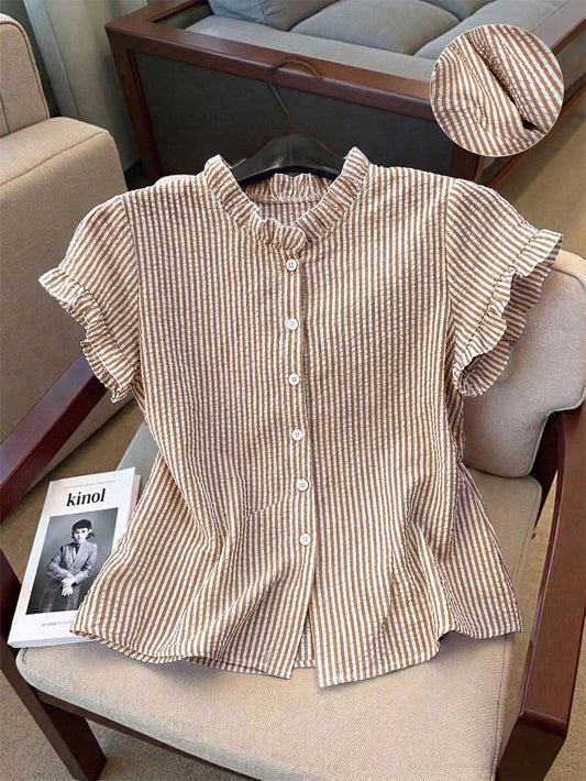 Franclia Women's Striped Frill Trim Short Sleeve Single-Breasted Casual Shirt