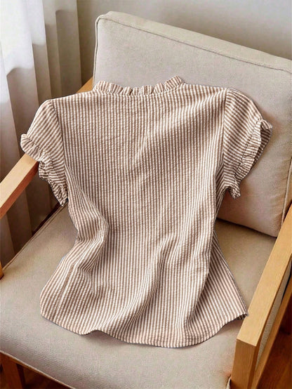 Franclia Women's Striped Frill Trim Short Sleeve Single-Breasted Casual Shirt