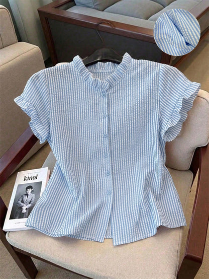 Franclia Women's Striped Frill Trim Short Sleeve Single-Breasted Casual Shirt