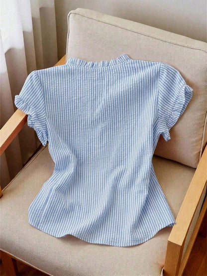 Franclia Women's Striped Frill Trim Short Sleeve Single-Breasted Casual Shirt