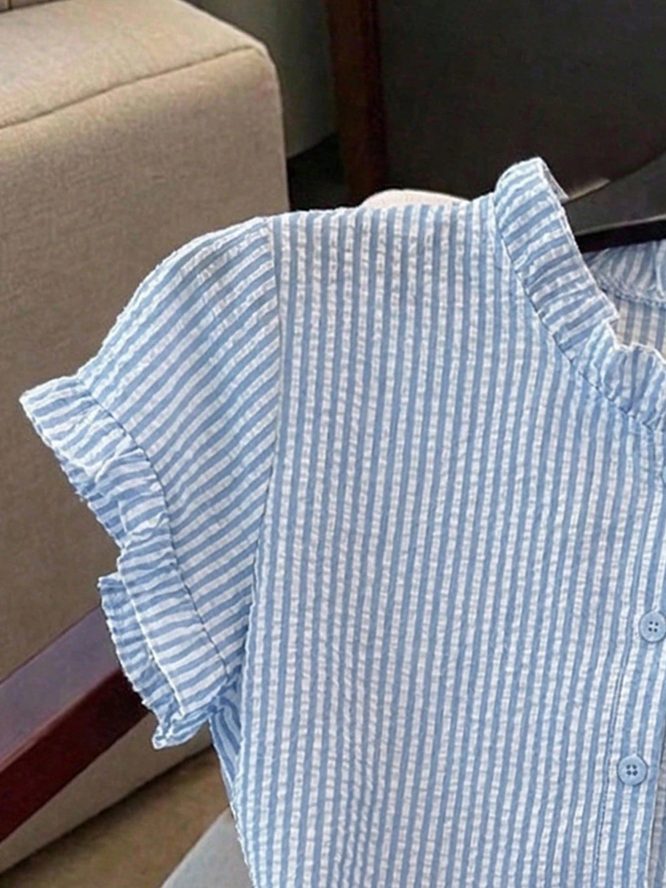 Franclia Women's Striped Frill Trim Short Sleeve Single-Breasted Casual Shirt
