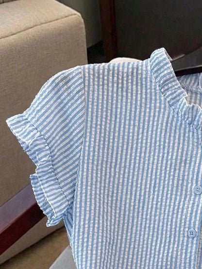 Franclia Women's Striped Frill Trim Short Sleeve Single-Breasted Casual Shirt