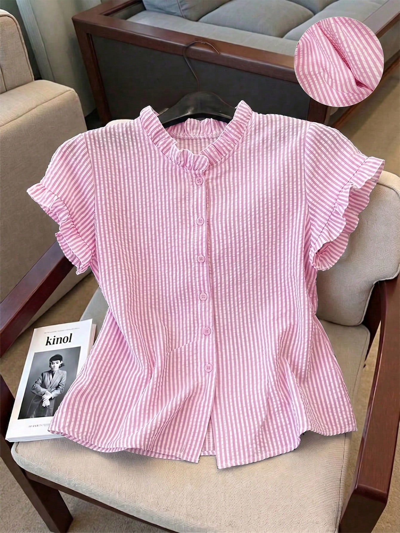 Franclia Women's Striped Frill Trim Short Sleeve Single-Breasted Casual Shirt