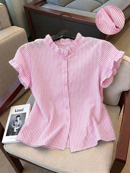 Franclia Women's Striped Frill Trim Short Sleeve Single-Breasted Casual Shirt