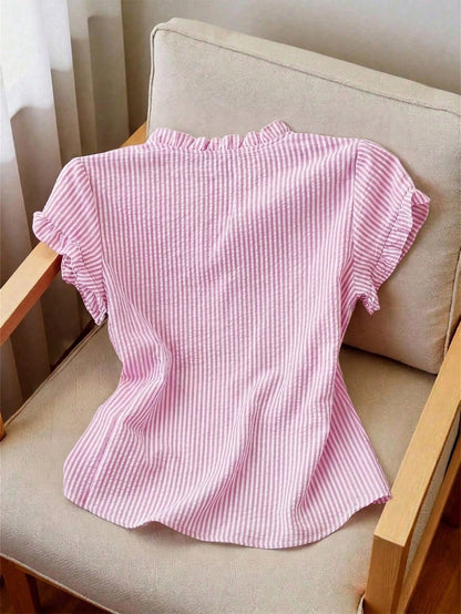 Franclia Women's Striped Frill Trim Short Sleeve Single-Breasted Casual Shirt