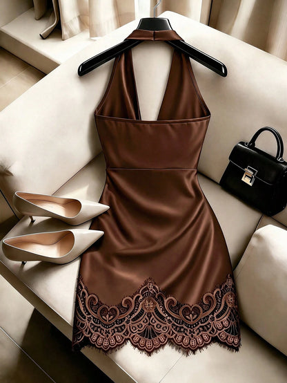 Franclia Women's Summer New Elegant Sexy Draped Neck Draped Satin Lace Bodycon Mini Dress, Satin With Delicate Luster, Draped Neck Draped Collar Enhances Neckline, Side Waist Pleats Optimize Bod