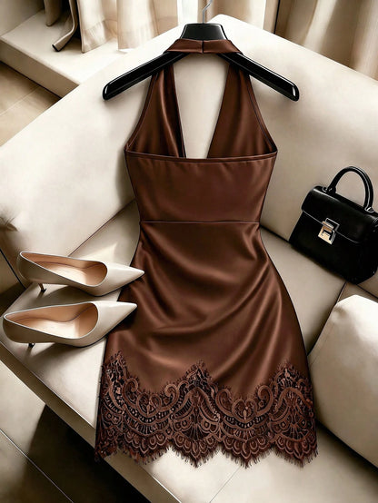 Franclia Women's Summer New Elegant Sexy Draped Neck Draped Satin Lace Bodycon Mini Dress, Satin With Delicate Luster, Draped Neck Draped Collar Enhances Neckline, Side Waist Pleats Optimize Bod