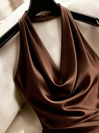 Franclia Women's Summer New Elegant Sexy Draped Neck Draped Satin Lace Bodycon Mini Dress, Satin With Delicate Luster, Draped Neck Draped Collar Enhances Neckline, Side Waist Pleats Optimize Bod